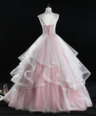 Pink High Neck Tulle Lace Long Sweet 16 Dresses Tulle Lace Pink Prom Dresses