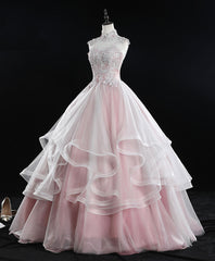 Pink High Neck Tulle Lace Long Sweet 16 Dresses Tulle Lace Pink Prom Dresses