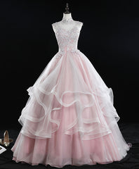 Pink High Neck Tulle Lace Long Sweet 16 Dresses Tulle Lace Pink Prom Dresses