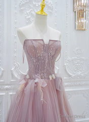 Pink Lace and Tulle A-line Prom Dress with Flowers, Pink Tulle Party Dress