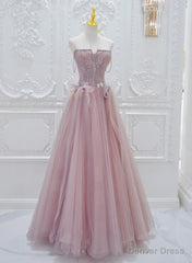 Pink Lace and Tulle A-line Prom Dress with Flowers, Pink Tulle Party Dress