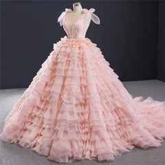 Pink Layered Ruffle Blush Pink Ball Gown Quinceanera Dresses With Cascading Ruffles