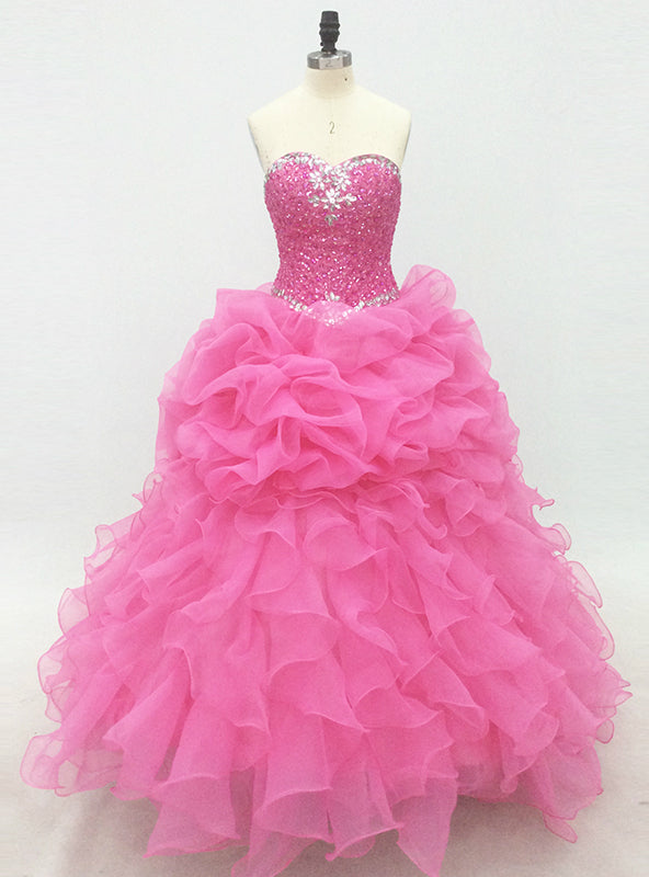 Pink Long Elegant Lace-Up Organza Prom Dress With Beaded Bodice