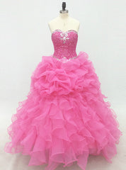 Pink Long Elegant Lace-Up Organza Prom Dresses With Beaded Bodice