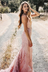 Pink Mermaid Long Prom Dress with Appliques