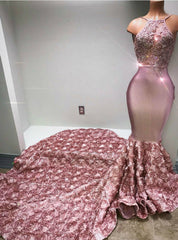 Pink Mermaid Satin Halter See Through Prom Dresses With Train