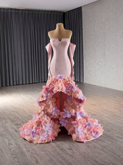 Pink Mermaid Strapless Flower Prom Dress