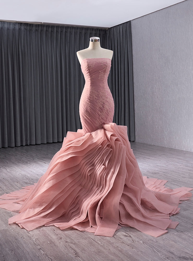 Pink Mermaid Tulle Strapless Pleats Prom Dress