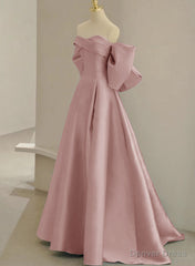 Pink Off Shoulder Satin Long Simple Party Dress, Pink Satin Evening Dress