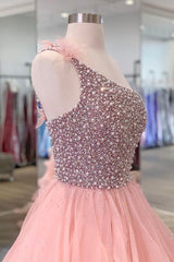 Pink One Shoulder Beaded Prom Dresses, Pink Tulle Layers Evening Gown