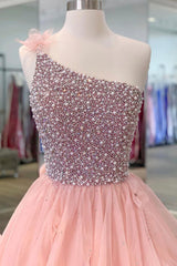 Pink One Shoulder Beaded Prom Dresses, Pink Tulle Layers Evening Gown