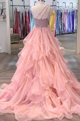 Pink One Shoulder Beaded Prom Dresses, Pink Tulle Layers Evening Gown