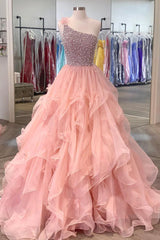 Pink One Shoulder Beaded Prom Dresses, Pink Tulle Layers Evening Gown