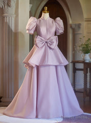 Pink Purple Satin High Neck Puff Sleeve Bow Prom Dress