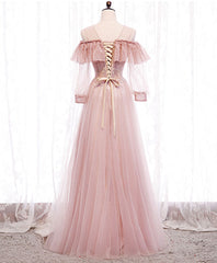 Pink Round Neck Tulle Lace Long Prom Dresses Pink Lace Evening Dresses