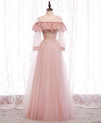 Pink Round Neck Tulle Lace Long Prom Dresses Pink Lace Evening Dresses