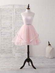 Pink Round Neck Tulle Pink Short Prom Dresses Pink Homecoming Dresses