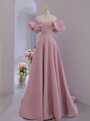 Pink Satin A-line Floor Length Party Dress, Pink Satin Short Sleeves Prom Dress