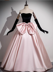 Pink Satin Black Velvet Strapless Bow Prom Dress