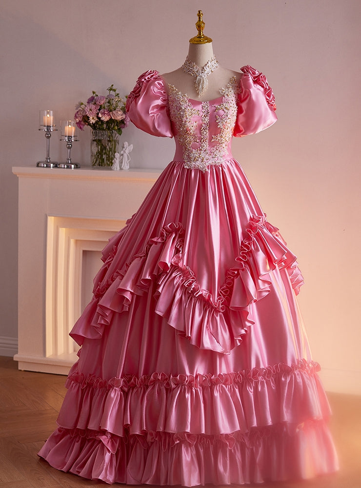 Pink Satin High Neck Short Sleeve Appliques Quinceanera Dress