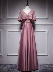 Pink Satin Lace V-neck Bat Pearls Prom Dresses