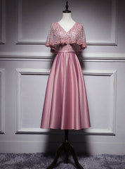 Pink Satin Lace V-neck Bat Pearls Tea Length Prom Dresses