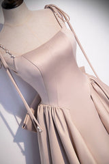 Pink Satin Long A-Line Prom Dresses, Cute Spaghetti Strap Evening Dresses with Bow