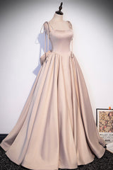 Pink Satin Long A-Line Prom Dresses, Cute Spaghetti Strap Evening Dresses with Bow