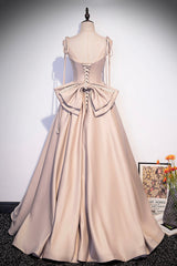 Pink Satin Long A-Line Prom Dresses, Cute Spaghetti Strap Evening Dresses with Bow