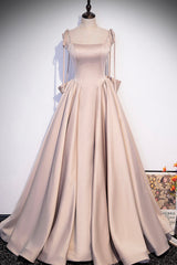 Pink Satin Long A-Line Prom Dresses, Cute Spaghetti Strap Evening Dresses with Bow