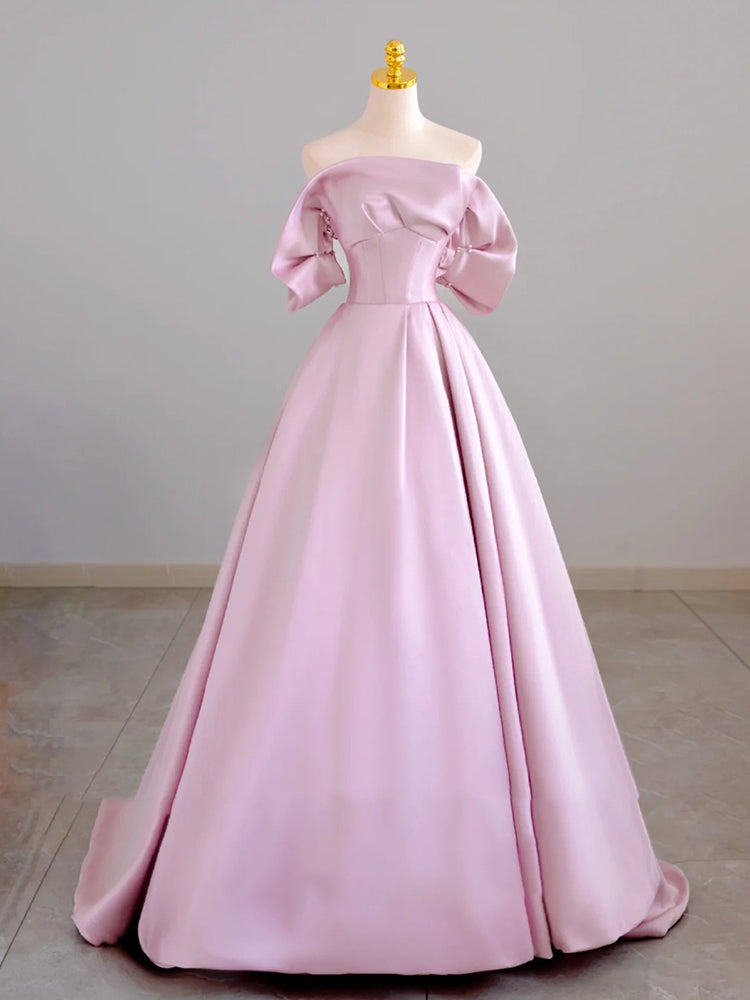 Pink Satin Off the Shoulder Beading Prom Dress