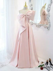 Pink Satin One Shoulder Prom Dress With Bow