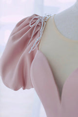 Pink Scoop Neckline Satin Prom Dresses, Pink Floor Length Party Dresses