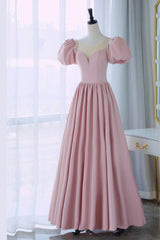 Pink Scoop Neckline Satin Prom Dresses, Pink Floor Length Party Dresses