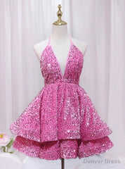 Pink Sequins Deep V-neck Backless Homecoming Dress