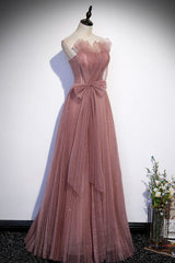 Pink Shiny Tulle Long A-Line Prom Dresses, Lovely Strapless Evening Dresses