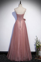 Pink Shiny Tulle Long A-Line Prom Dresses, Lovely Strapless Evening Dresses