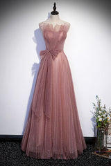 Pink Shiny Tulle Long A-Line Prom Dresses, Lovely Strapless Evening Dresses