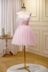 Pink Spaghetti Strap Tulle Short Prom Dresses with Feather, Pink Party Dresses