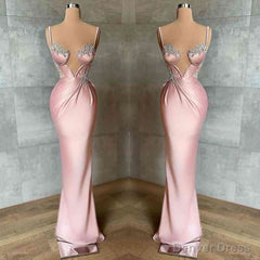 Pink Spaghetti-Straps Mermaid Prom Dress Sleeveless With Appliques