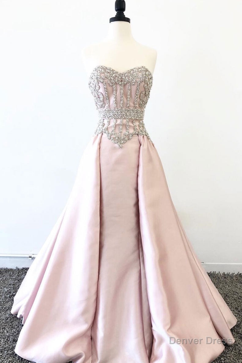 pink sweetheart neck beads long prom dress, pink evening dress