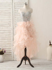 Pink Sweetheart Neck Rhinestones Organza Prom Dresses Pink Homecoming Dresses