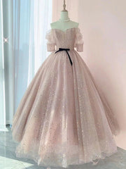 Pink Sweetheart-Neck Tulle Lace Half-Sleeve Prom Dresses, Pink Party Dresses