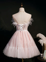 Pink Sweetheart Neck Tulle Lace Short Prom Dresses, Puffy Pink Homecoming Dresses