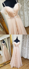 Pink sweetheart neck tulle long prom dress, pink evening dress