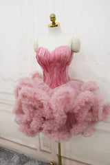 Pink Sweetheart Neck Tulle Party Dresses, A Line Short Prom Dresses with Feather