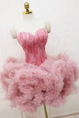 Pink Sweetheart Neck Tulle Party Dresses, A Line Short Prom Dresses with Feather