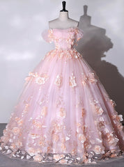 Pink Tulle 3D Appliques Quinceanera Dresses