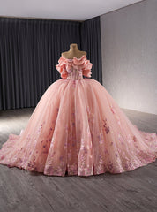 Pink Tulle 3D Flower Off the Shoulder Prom Dresses