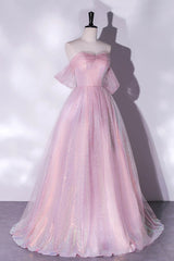 Pink Tulle and Sequins Sweetheart Long Party Dresses, A-line Pink Prom Dresses